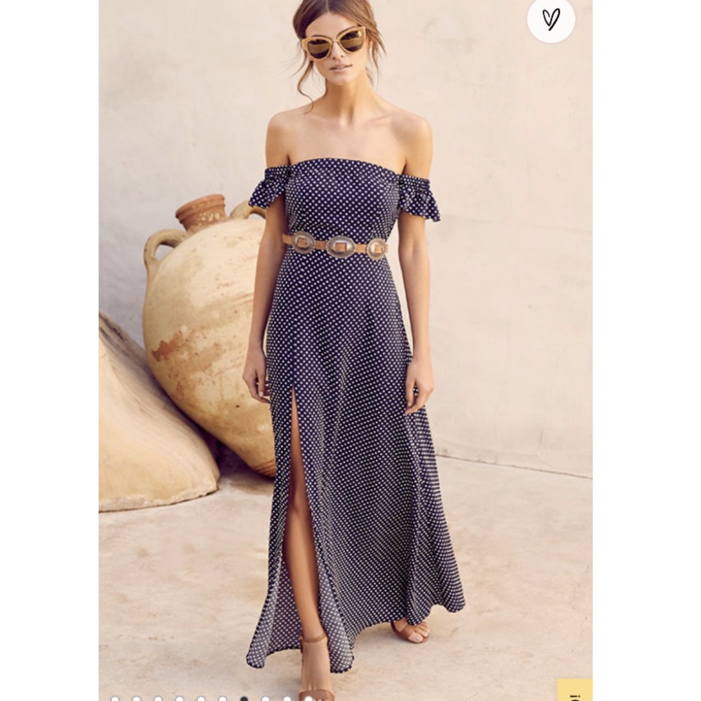 Navy Blue Polka Dot Off-the-Shoulder Maxi Dress